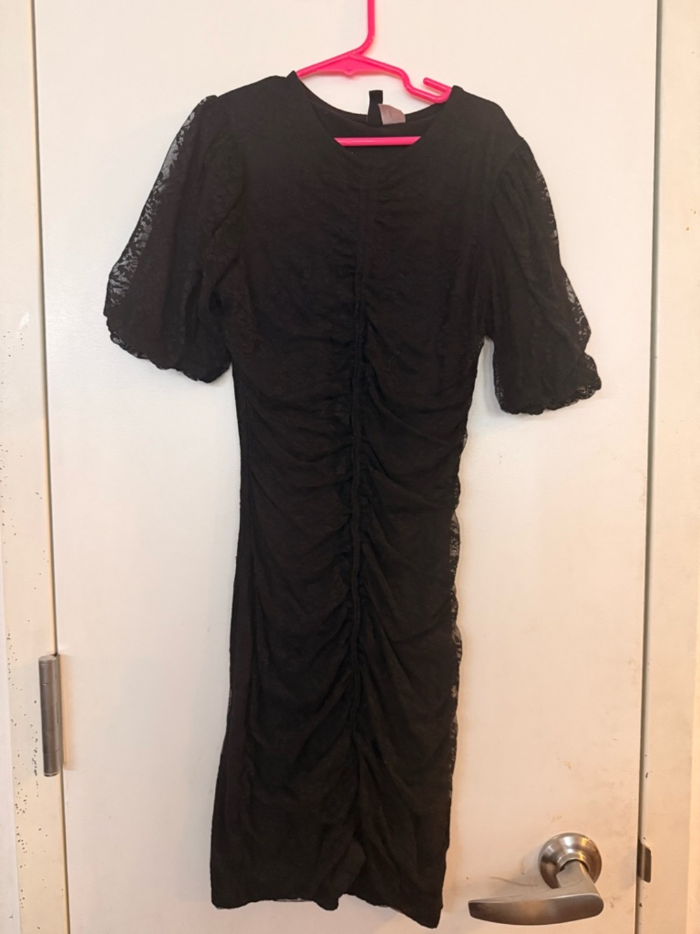 H&M Black Ruched Midi Dress with Puff Sleeves